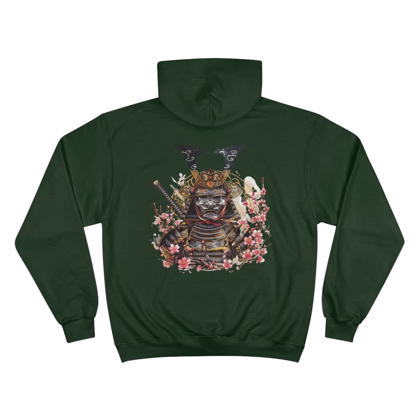 Demon Samurai Mask Champion Eco Hoodie - Japanese Oni Warrior Cherry Blossom Art Sweatshirt