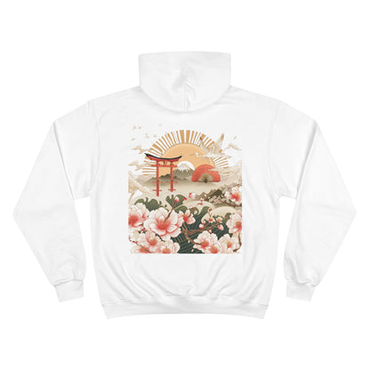 Japanese Sunrise Torii Gate Champion Eco Hoodie - Mount Fuji Cherry Blossom Crane Art Sustainable Sweatshirt