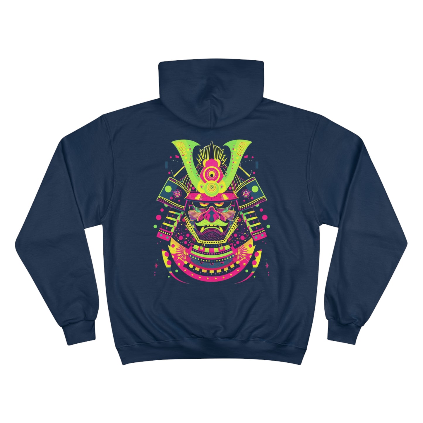 Neon Samurai Helmet Champion Eco Hoodie - Modern Japanese Warrior Art Sustainable Streetwear