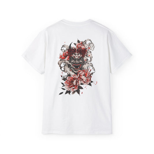 Japanese Oni Mask Peony T-Shirt | Traditional Hannya Demon Art Graphic Tee