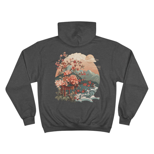 Japanese Torii Gate Mountain Wave Champion Eco Hoodie - Traditional Lotus Ukiyo-e Art Sustainable Sweatshirt