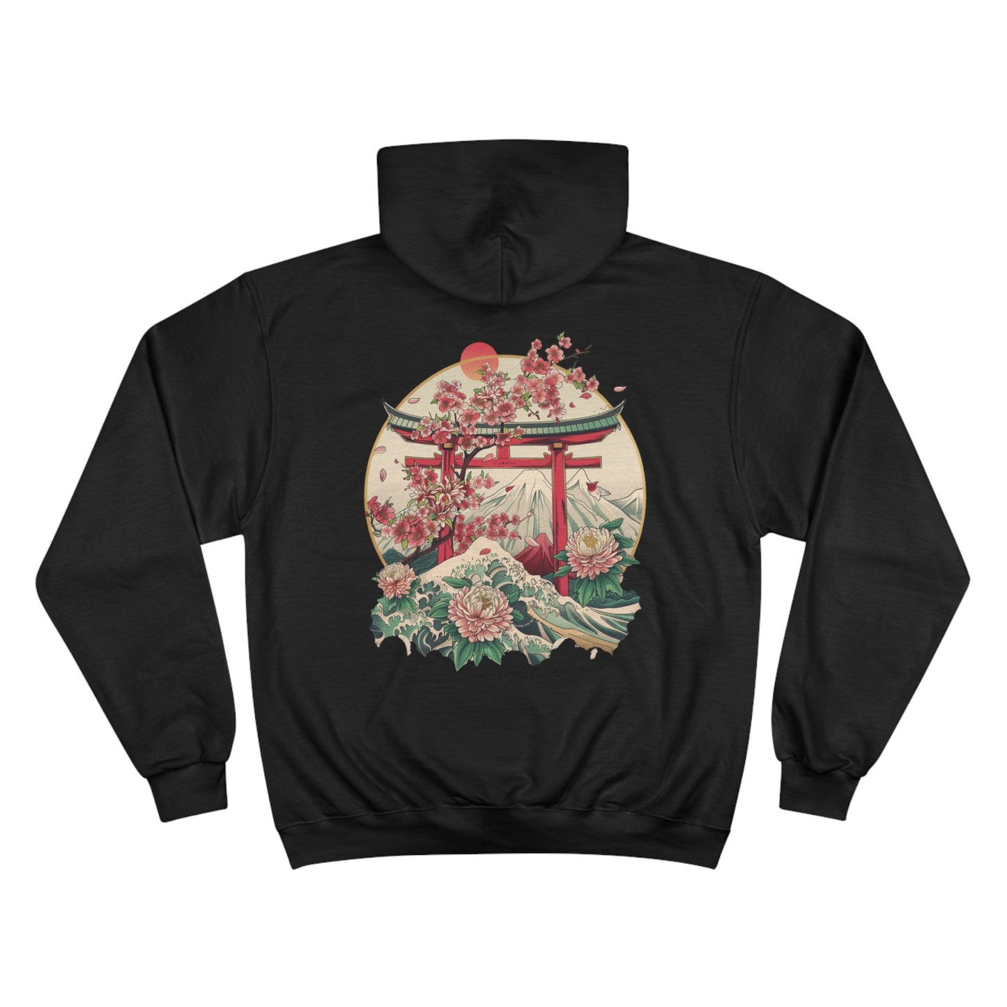 Sakura Wave Champion Eco Hoodie - Japanese Torii Chrysanthemum Art Sustainable Sweatshirt