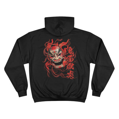 Red Oni Mask Champion Eco Hoodie - Japanese Demon Calligraphy Art Sweatshirt