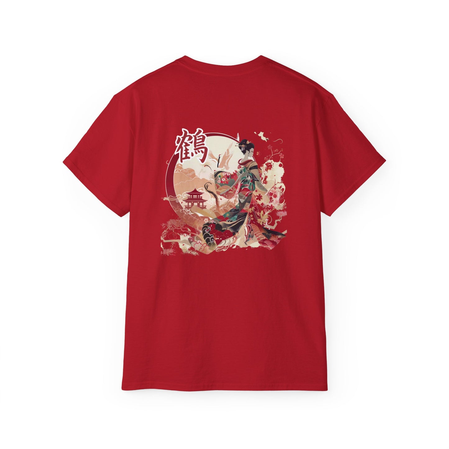 Crane Geisha Japanese Art T-Shirt - Traditional Beauty Back Print Tee