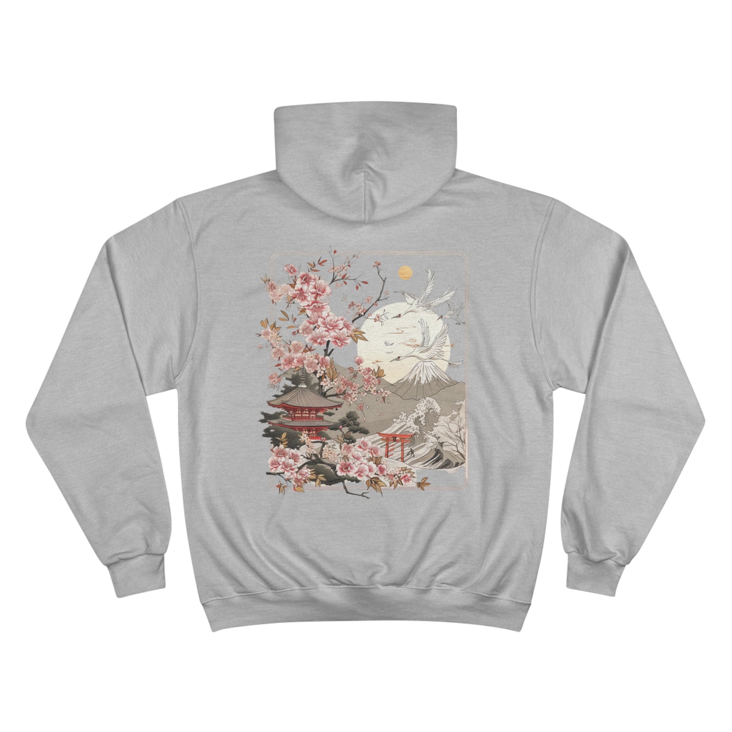 Cherry Blossom Pagoda Champion Eco Hoodie - Japanese Crane Mount Fuji Art Sustainable Sweatshirt