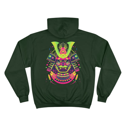 Neon Samurai Helmet Champion Eco Hoodie - Modern Japanese Warrior Art Sustainable Streetwear