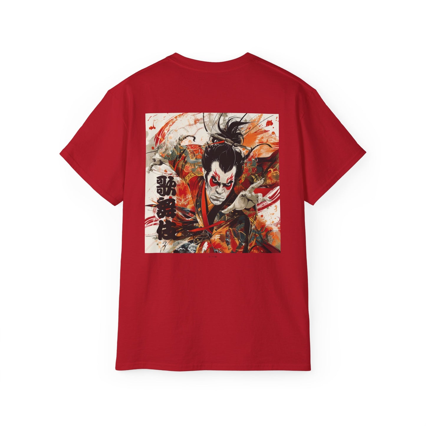 Kabuki Warrior Japanese Theater T-Shirt - Dynamic Samurai Back Print Tee