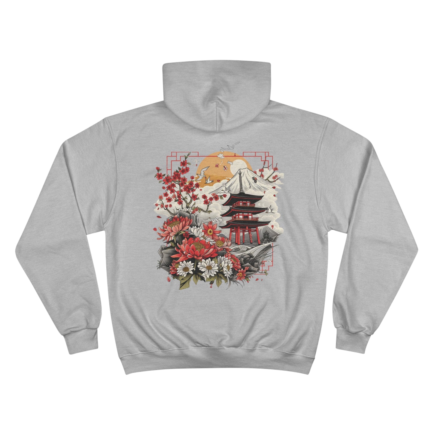 Japanese Pagoda Cherry Blossom Champion Eco Hoodie - Mount Fuji Chrysanthemum Traditional Art Sustainable Sweatshirt