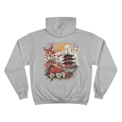 Japanese Pagoda Cherry Blossom Champion Eco Hoodie - Mount Fuji Chrysanthemum Traditional Art Sustainable Sweatshirt