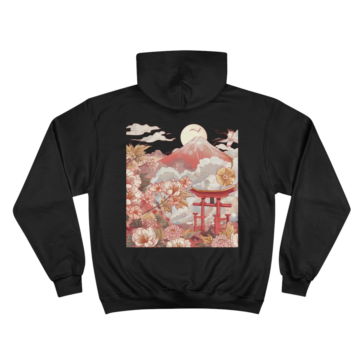 Red Mount Fuji Champion Eco Hoodie - Japanese Floral Torii Gate Art Sustainable Sweatshirt