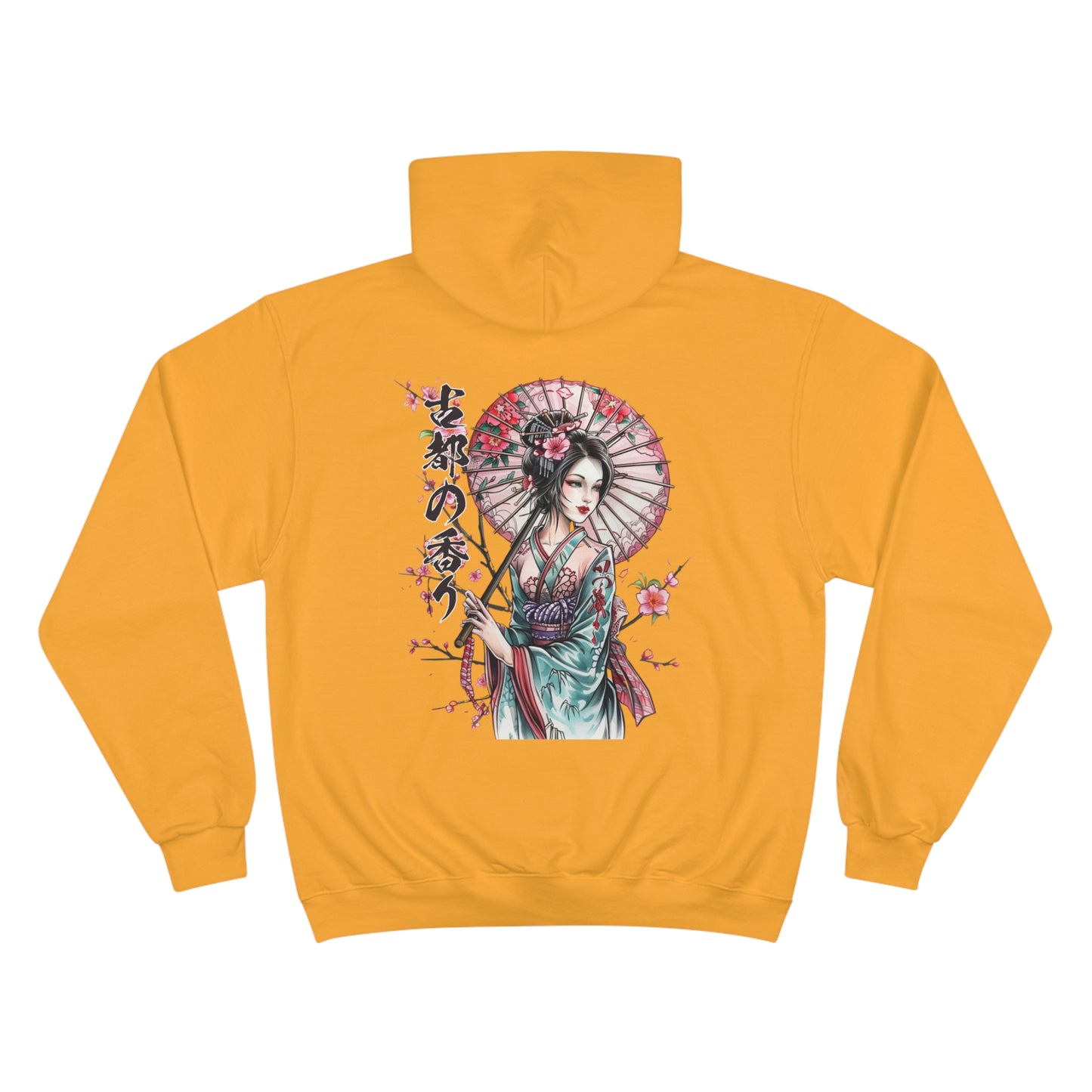 Geisha with Cherry Blossom Umbrella Champion Eco Hoodie - Japanese Calligraphy Art Sweatshirt