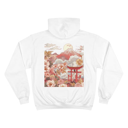 Red Mount Fuji Champion Eco Hoodie - Japanese Floral Torii Gate Art Sustainable Sweatshirt