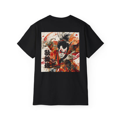 Kabuki Warrior Japanese Theater T-Shirt - Dynamic Samurai Back Print Tee