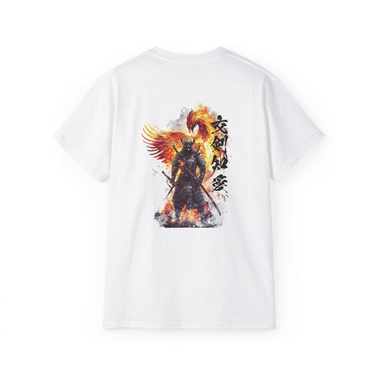 Kouken Chiai (交剣知愛) Japanese Samurai T-Shirt - Phoenix Warrior Design with Traditional Kanji Art