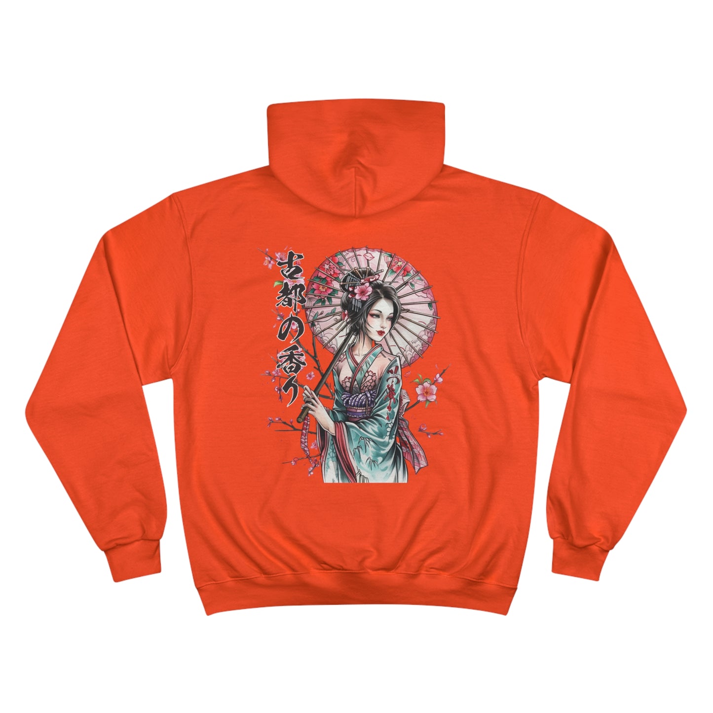 Geisha with Cherry Blossom Umbrella Champion Eco Hoodie - Japanese Calligraphy Art Sweatshirt