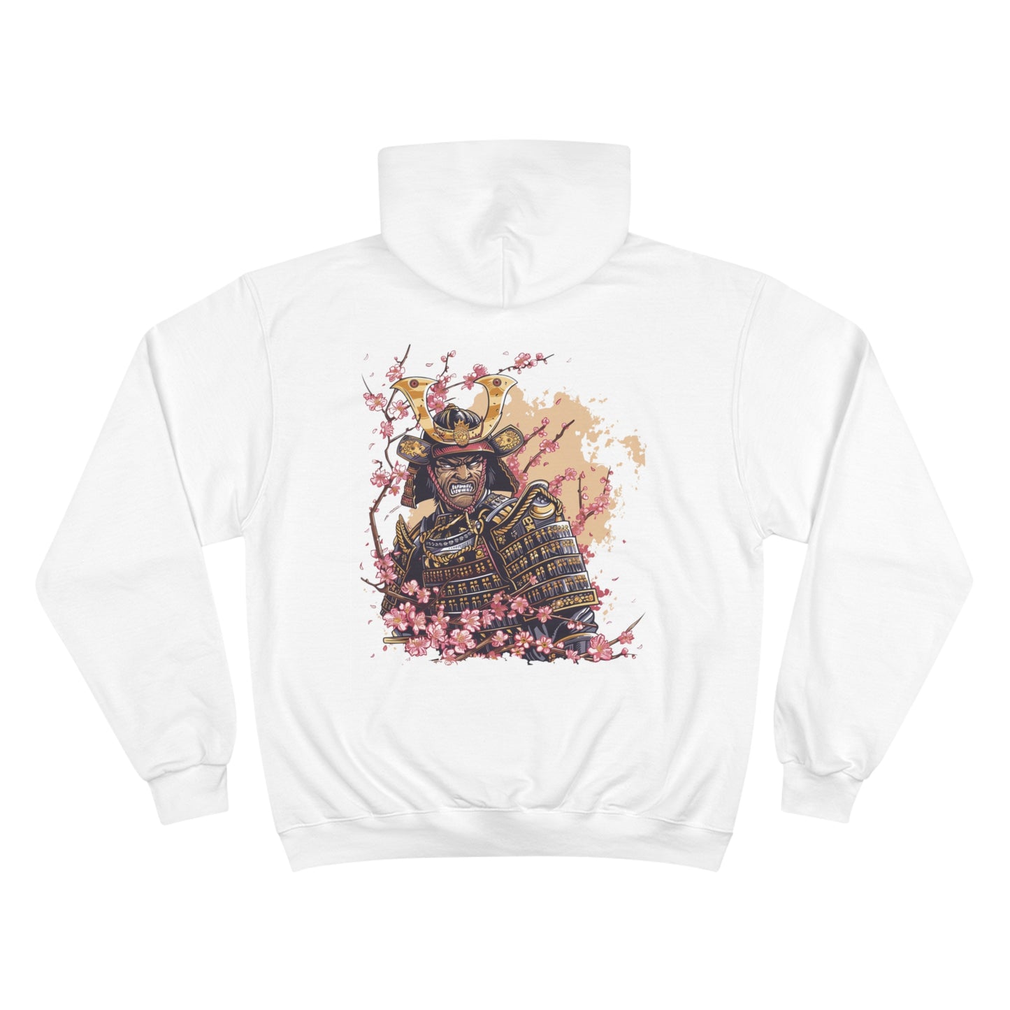 Fierce Samurai Warrior Kabuto Helmet Cherry Blossom Hoodie - Japanese Art Champion Eco Sweatshirt