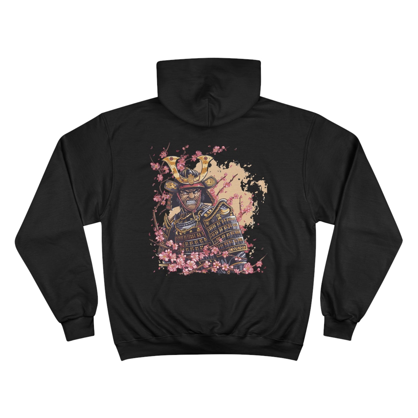 Fierce Samurai Warrior Kabuto Helmet Cherry Blossom Hoodie - Japanese Art Champion Eco Sweatshirt