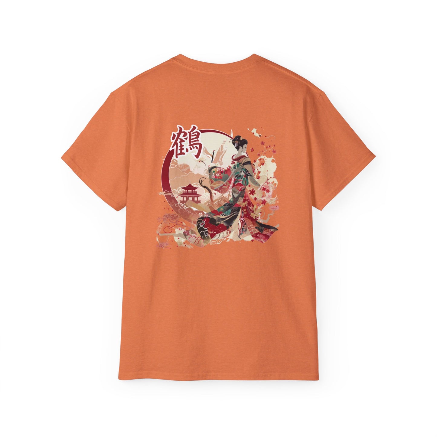 Crane Geisha Japanese Art T-Shirt - Traditional Beauty Back Print Tee