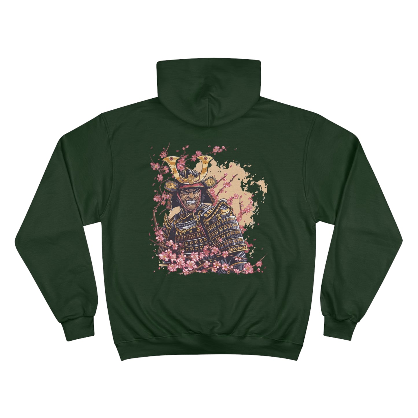 Fierce Samurai Warrior Kabuto Helmet Cherry Blossom Hoodie - Japanese Art Champion Eco Sweatshirt