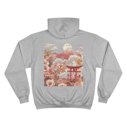 Red Mount Fuji Champion Eco Hoodie - Japanese Floral Torii Gate Art Sustainable Sweatshirt