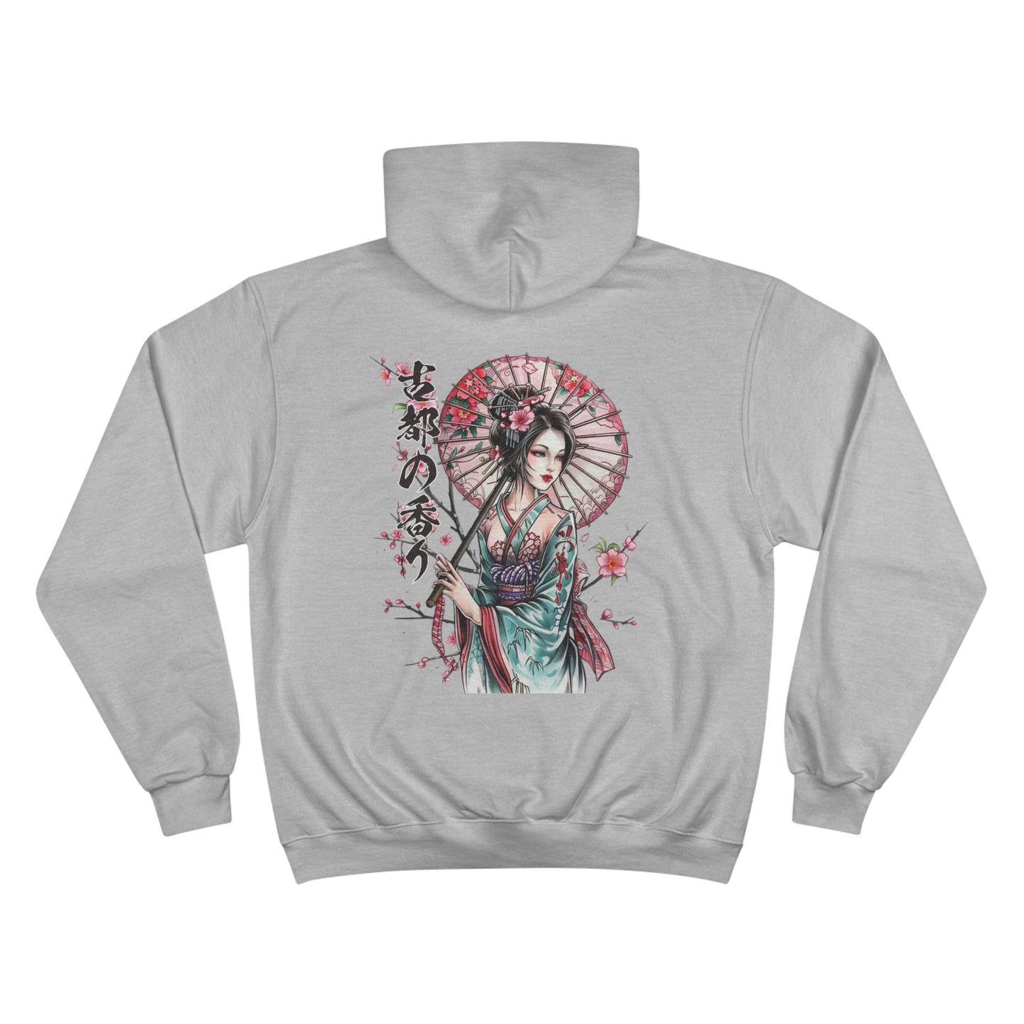 Geisha with Cherry Blossom Umbrella Champion Eco Hoodie - Japanese Calligraphy Art Sweatshirt