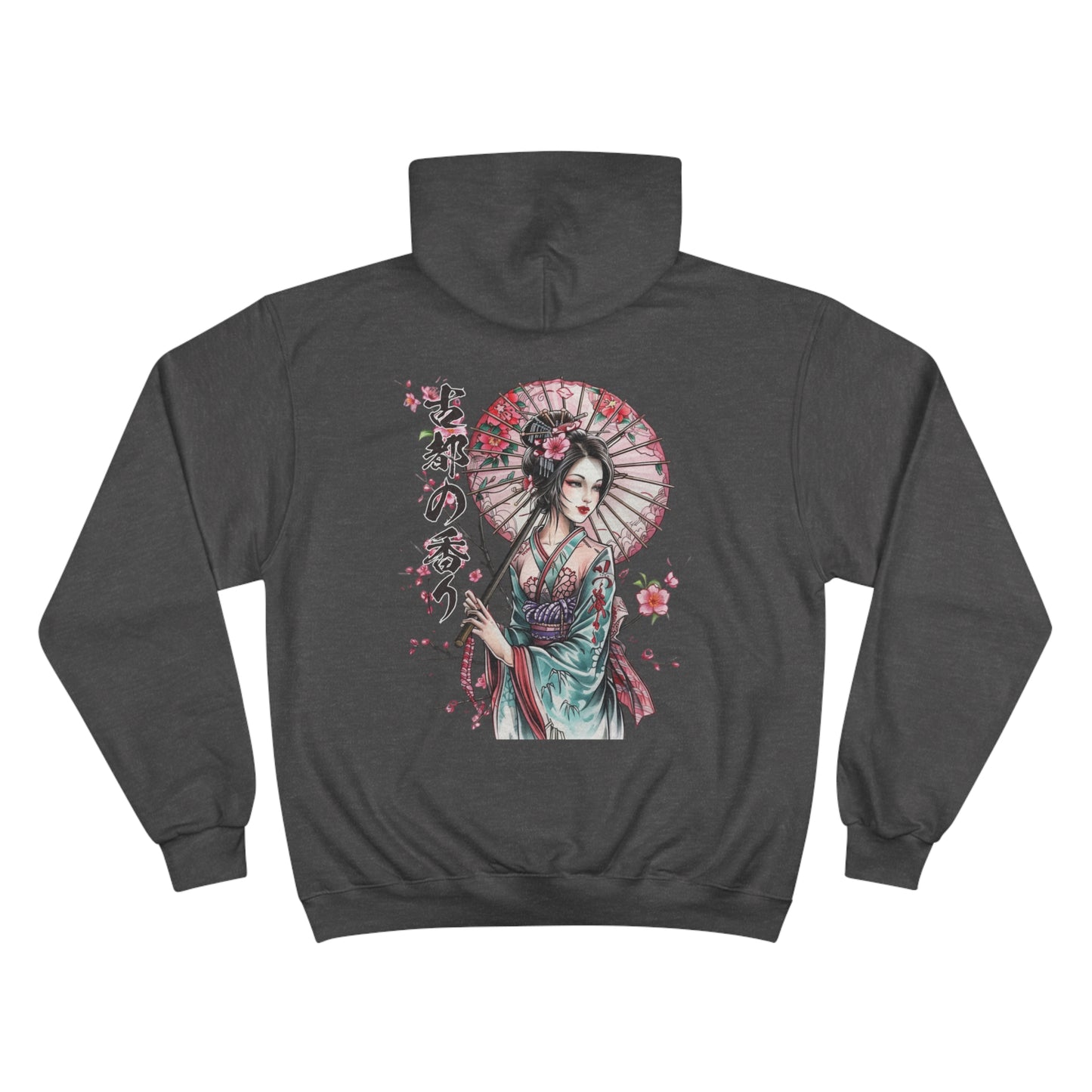 Geisha with Cherry Blossom Umbrella Champion Eco Hoodie - Japanese Calligraphy Art Sweatshirt