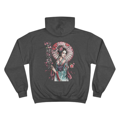 Geisha with Cherry Blossom Umbrella Champion Eco Hoodie - Japanese Calligraphy Art Sweatshirt