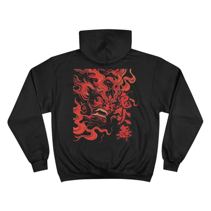 Red Demon Flames Champion Eco Hoodie - Japanese Oni Mythological Art Sweatshirt