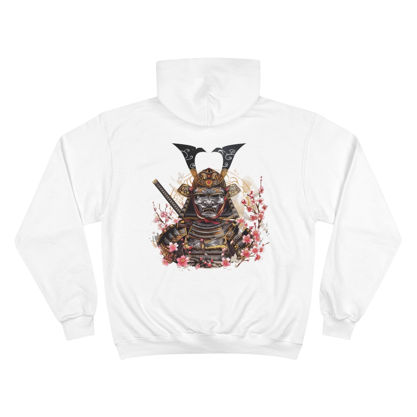 Demon Samurai Mask Champion Eco Hoodie - Japanese Oni Warrior Cherry Blossom Art Sweatshirt