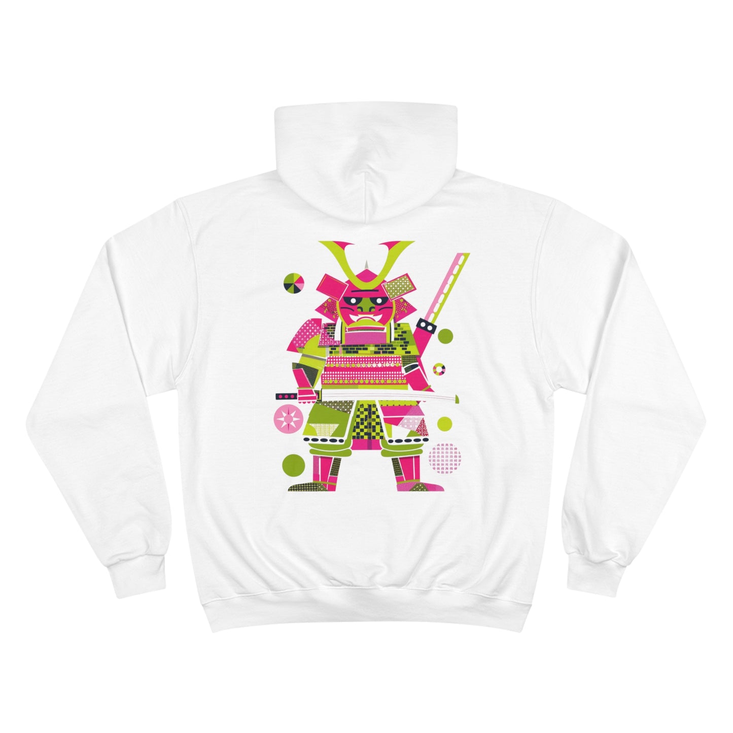 Kawaii Samurai Champion Eco Hoodie - Pink Geometric Japanese Warrior Art Sustainable Streetwear White