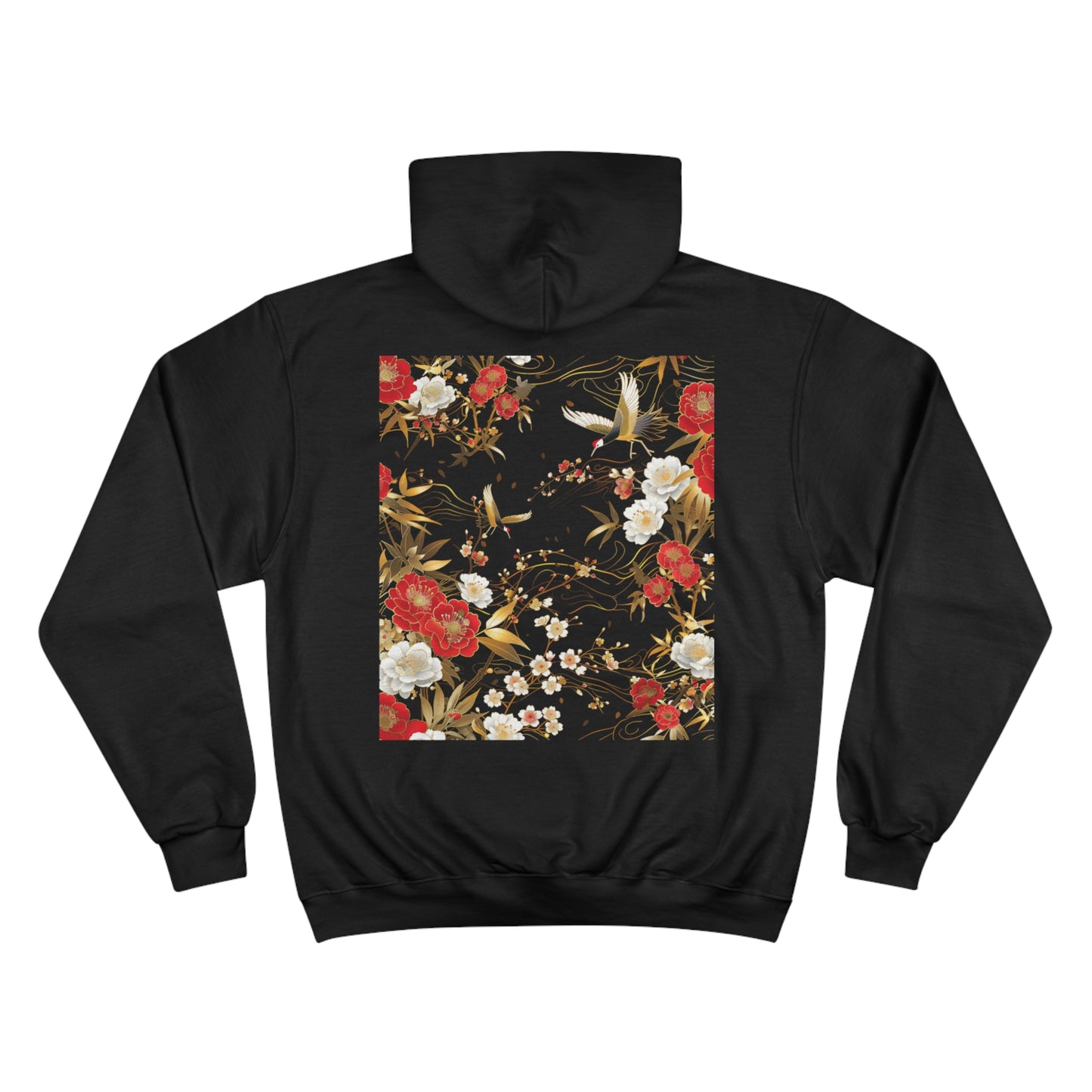 Japanese Crane and Cherry Blossom Champion Eco Hoodie - Elegant Asian Floral Design Premium Sweatshirt