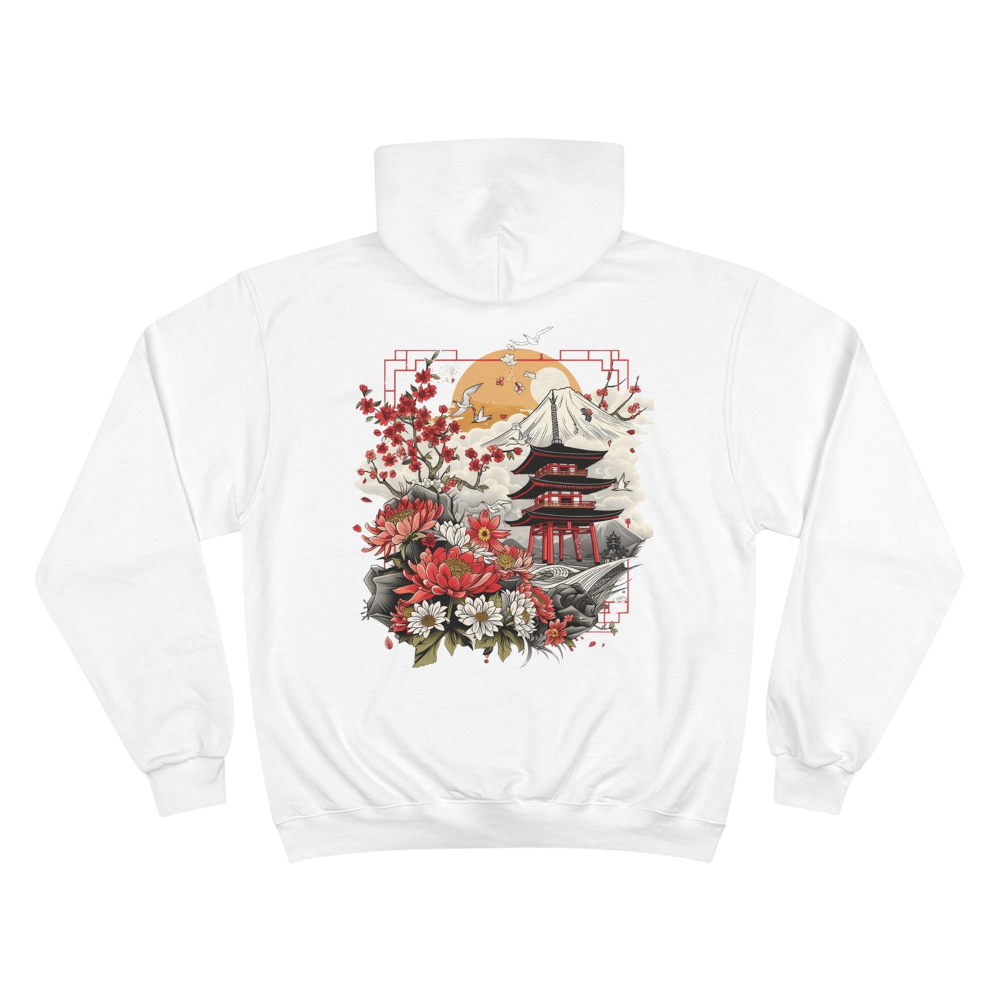 Japanese Pagoda Cherry Blossom Champion Eco Hoodie - Mount Fuji Chrysanthemum Traditional Art Sustainable Sweatshirt