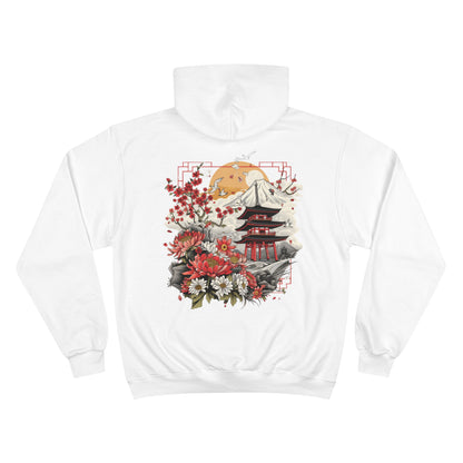 Japanese Pagoda Cherry Blossom Champion Eco Hoodie - Mount Fuji Chrysanthemum Traditional Art Sustainable Sweatshirt