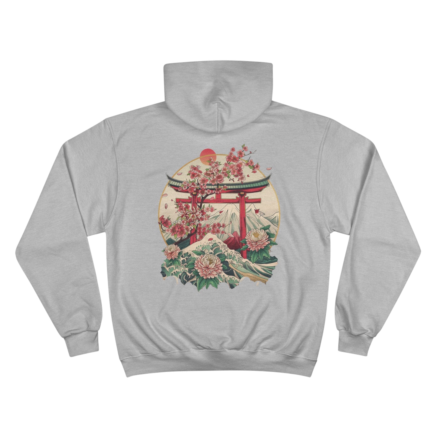 Sakura Wave Champion Eco Hoodie - Japanese Torii Chrysanthemum Art Sustainable Sweatshirt