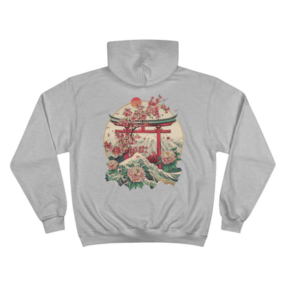 Sakura Wave Champion Eco Hoodie - Japanese Torii Chrysanthemum Art Sustainable Sweatshirt