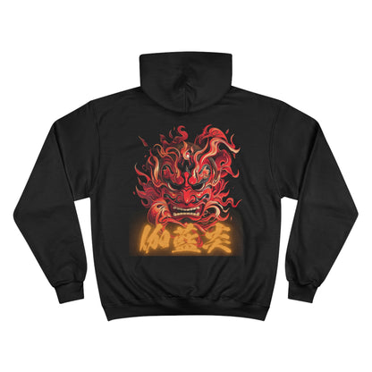 Japanese Oni Demon Fire Champion Eco Hoodie - Mythological Mask Art Sweatshirt