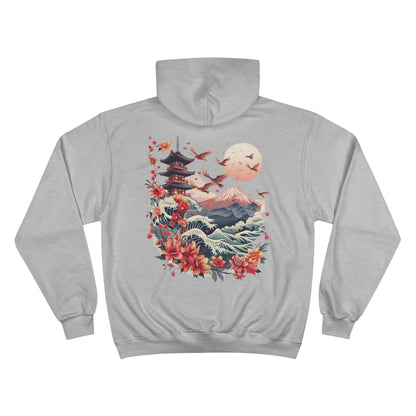 Japanese Pagoda Wave Champion Eco Hoodie - Mount Fuji Lotus Crane Art Sustainable Sweatshirt