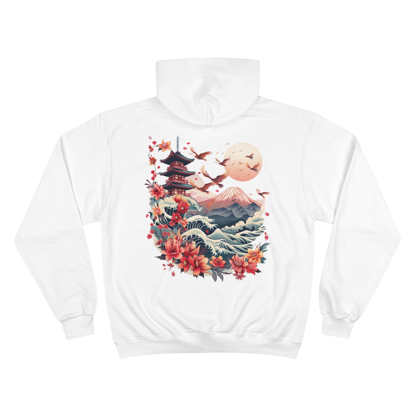 Japanese Pagoda Wave Champion Eco Hoodie - Mount Fuji Lotus Crane Art Sustainable Sweatshirt