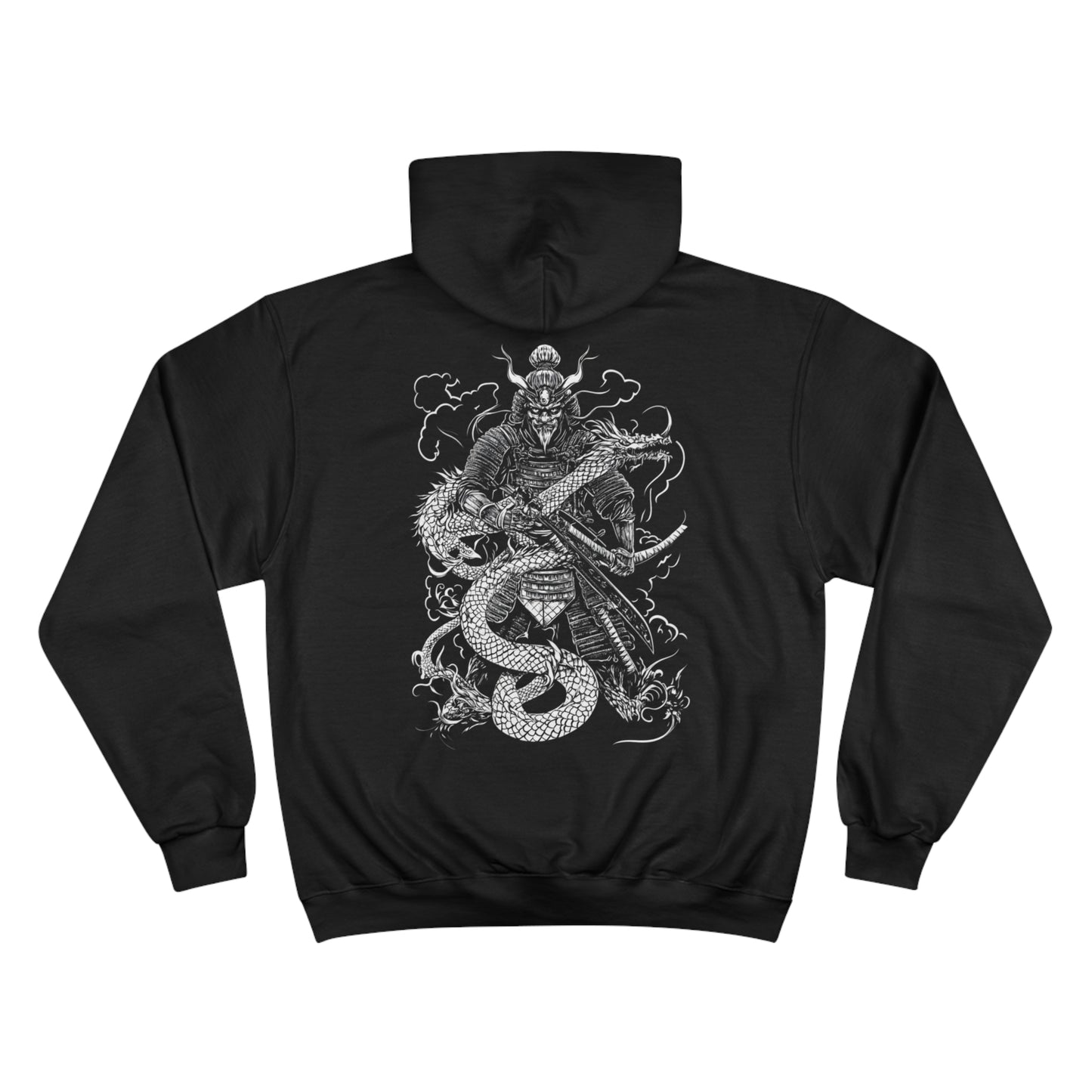 Dragon Samurai Champion Hoodie - Japanese Warrior with Twin Dragons Art Sweatshirt in Black