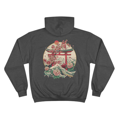 Sakura Wave Champion Eco Hoodie - Japanese Torii Chrysanthemum Art Sustainable Sweatshirt