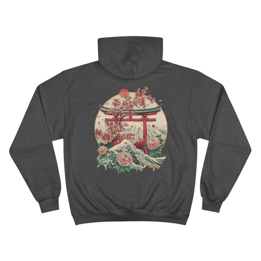 Sakura Wave Champion Eco Hoodie - Japanese Torii Chrysanthemum Art Sustainable Sweatshirt