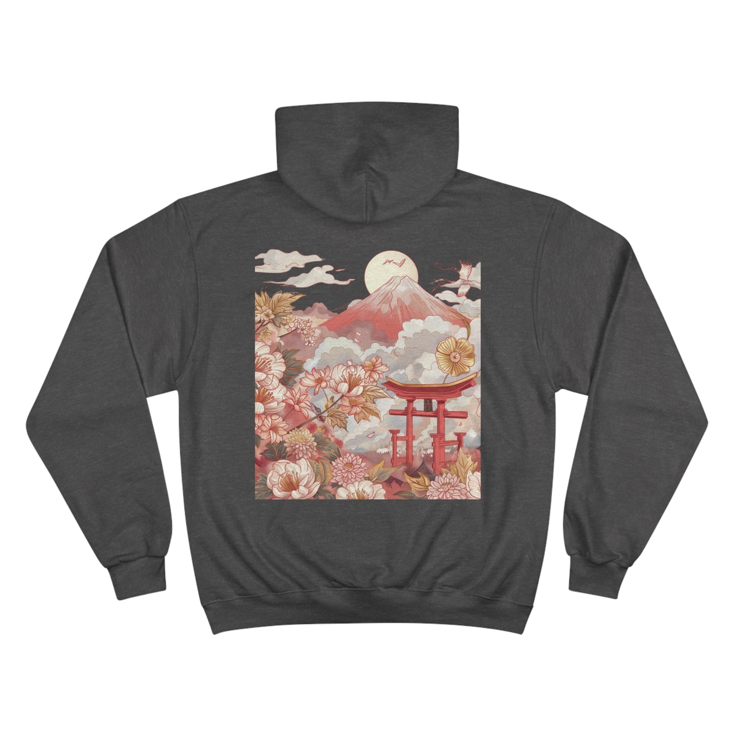 Red Mount Fuji Champion Eco Hoodie - Japanese Floral Torii Gate Art Sustainable Sweatshirt