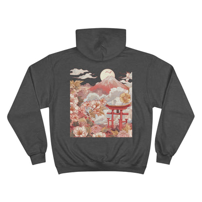 Red Mount Fuji Champion Eco Hoodie - Japanese Floral Torii Gate Art Sustainable Sweatshirt