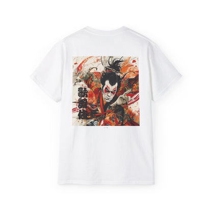 Kabuki Warrior Japanese Theater T-Shirt - Dynamic Samurai Back Print Tee