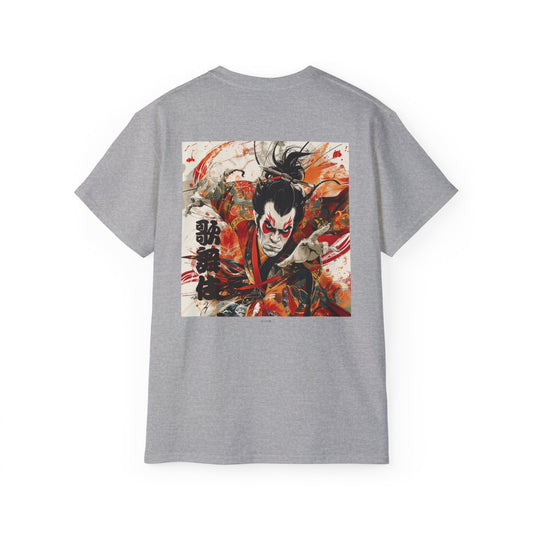 Kabuki Warrior Japanese Theater T-Shirt - Dynamic Samurai Back Print Tee