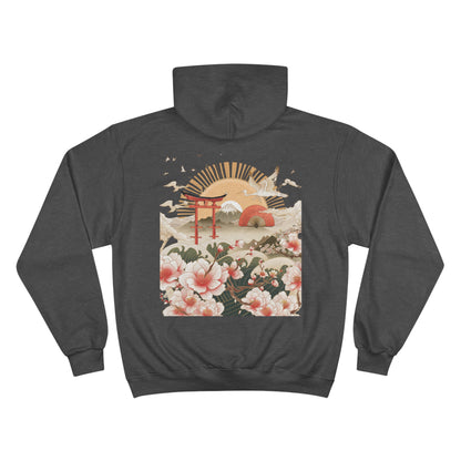 Japanese Sunrise Torii Gate Champion Eco Hoodie - Mount Fuji Cherry Blossom Crane Art Sustainable Sweatshirt