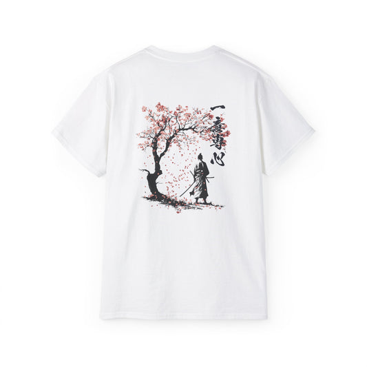 Ichii Senshin (一意専心) Japanese Samurai T-Shirt - Cherry Blossom Warrior Design with Traditional Kanji Art