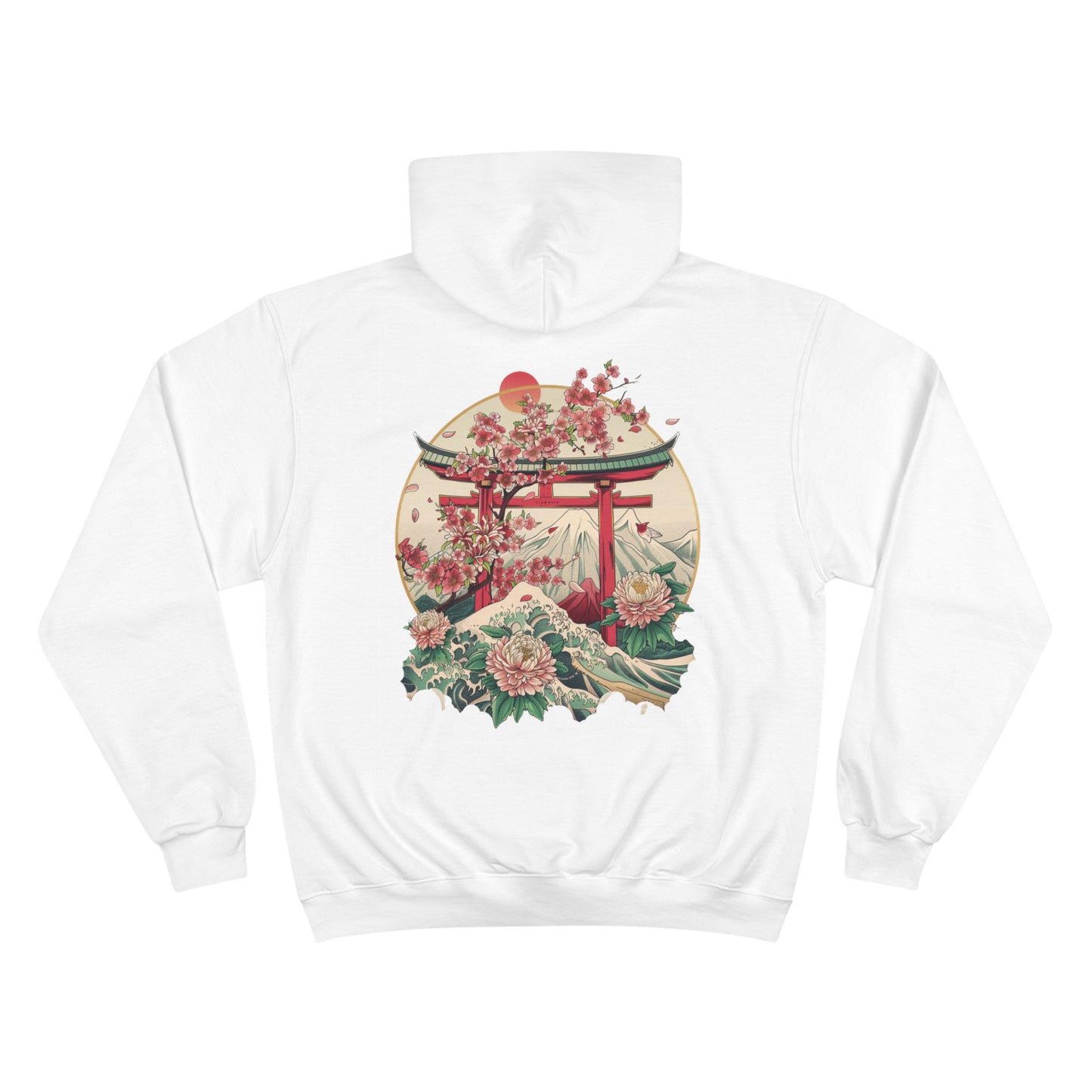 Sakura Wave Champion Eco Hoodie - Japanese Torii Chrysanthemum Art Sustainable Sweatshirt