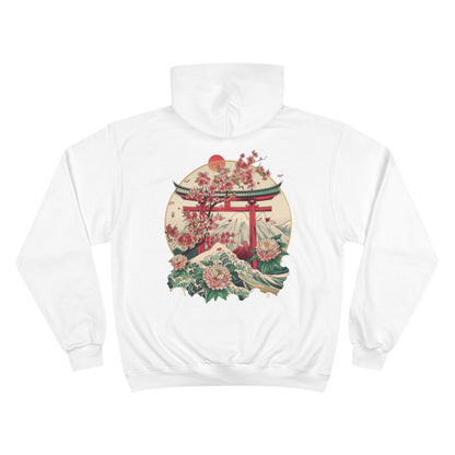 Sakura Wave Champion Eco Hoodie - Japanese Torii Chrysanthemum Art Sustainable Sweatshirt