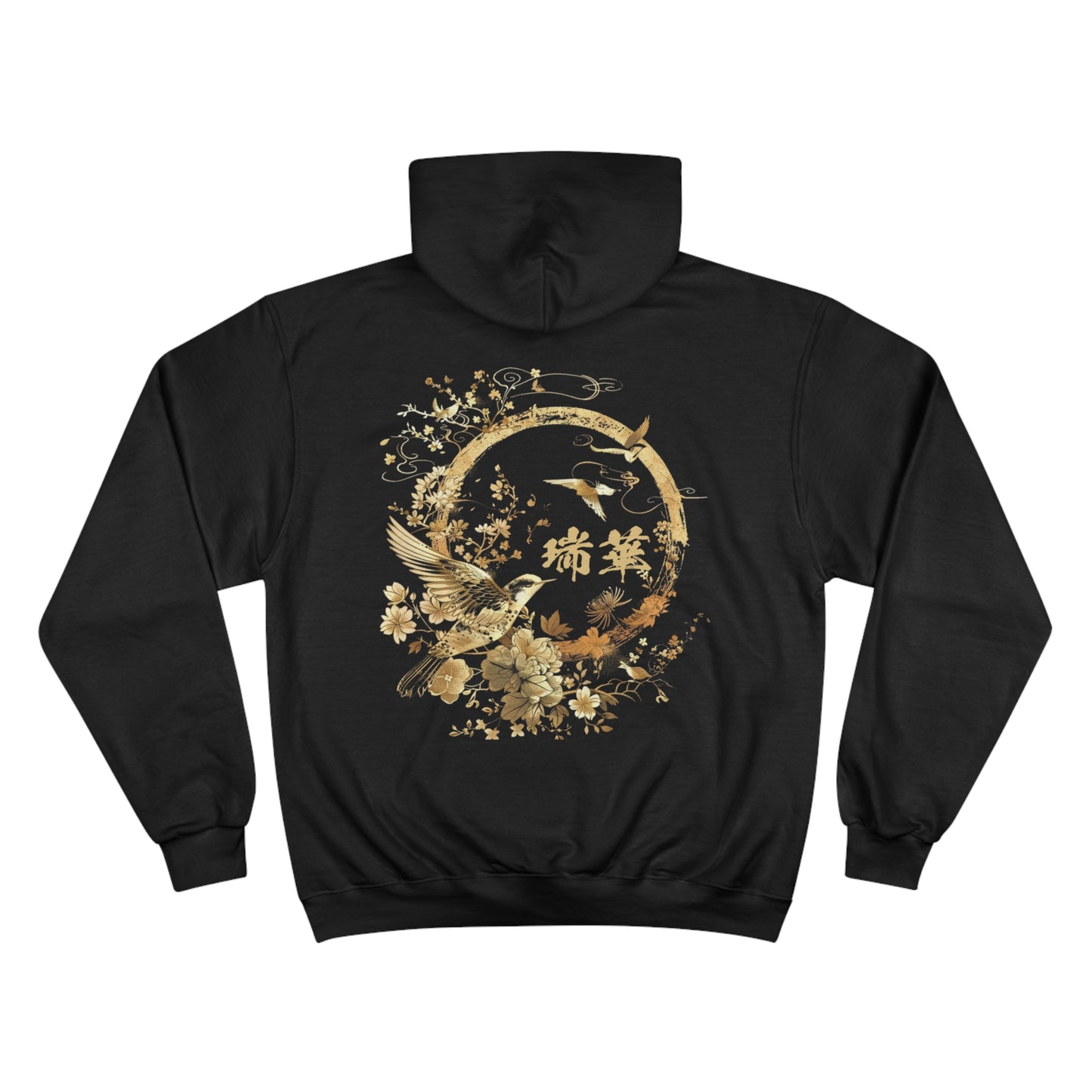 Golden Birds Circle Champion Eco Hoodie - Japanese Floral Art Sweatshirt